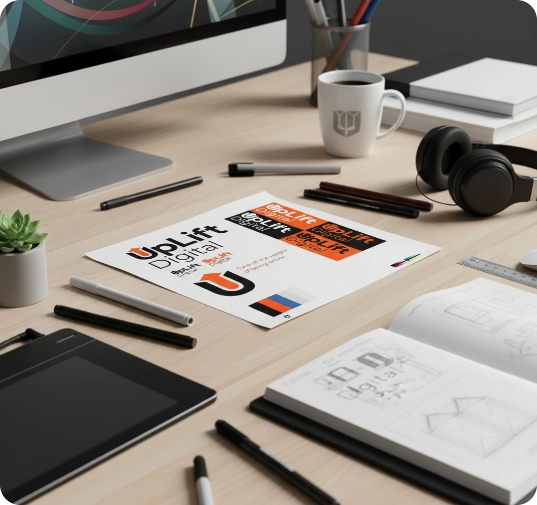 Workspace with a sketchbook of logo designs and a sheet of UpLift Digital logo variations on a wooden desk.